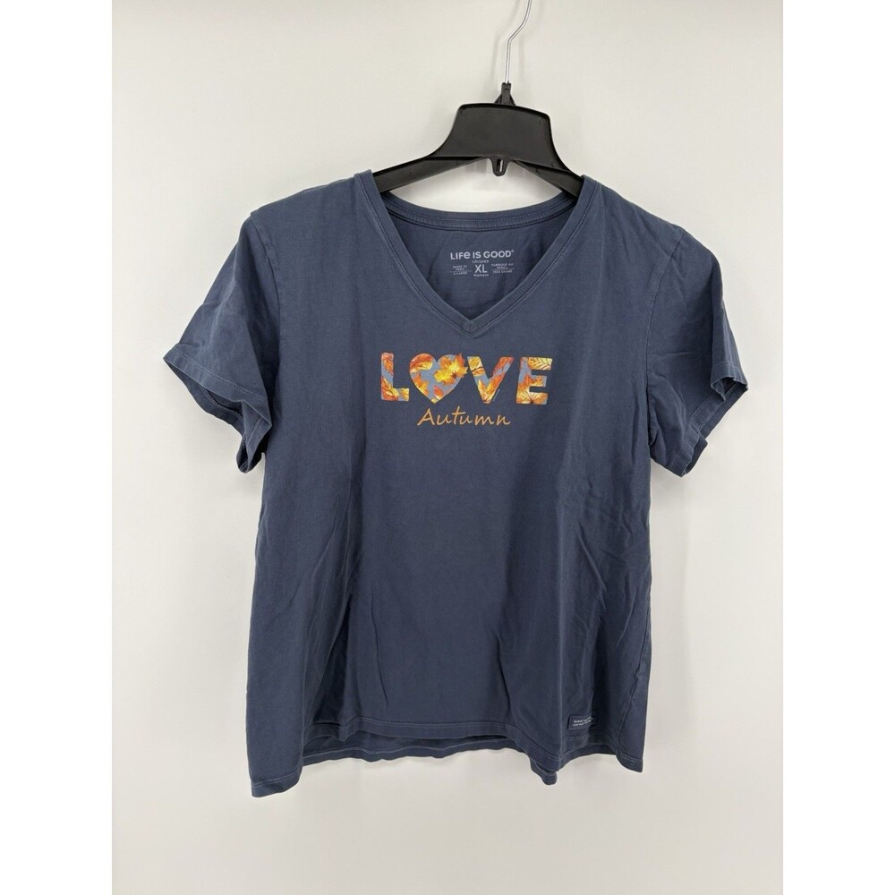 Life is Good Womens XL Blue Love Autumn Leaves Crusher V-Neck Graphic T-Shirt